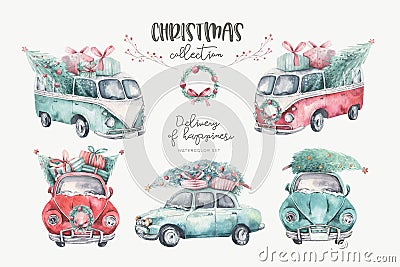 Watercolor christmas holiday seamless pattern with red and green transportation illustration. Merry Xmas auto winter Cartoon Illustration