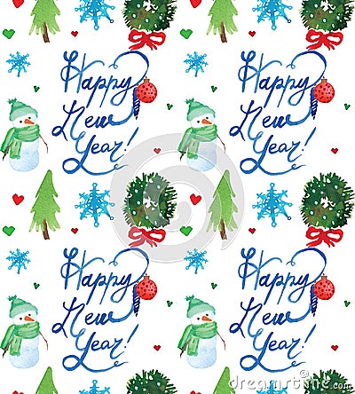 Watercolor Christmas holiday seamless pattern with snowman, trees, deer and happy new year copy. Winter New Year theme. Stock Photo