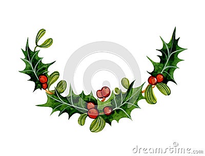 Watercolor Christmas Holly branch. Stock Photo