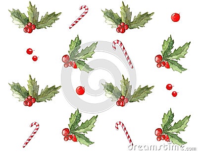 Watercolor christmas holly with caramel patterm background, christmas decoration, holly frame, christmas paper Stock Photo