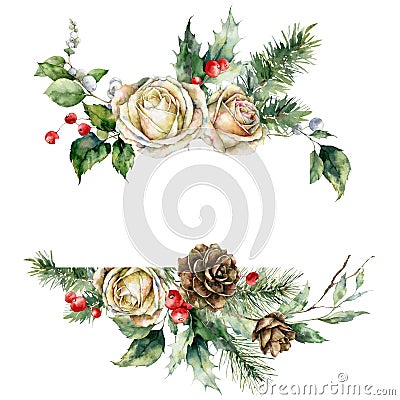 Watercolor Christmas horizontal frame of white rose, holly, pine branch and leaves. Hand painted holiday card of plants Stock Photo