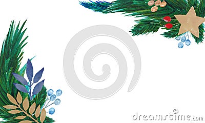 Watercolor.Christmas illustration of pine branches and stars. Cartoon Illustration