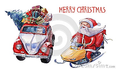 Watercolor Christmas illustration with Santa Claus on snowmobile and Santa car. Christmas cards. Winter design. Merry Christmas Cartoon Illustration