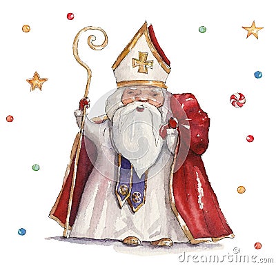 Watercolor Christmas illustration with St Nicholas Cartoon Illustration