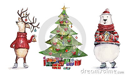Watercolor Christmas illustration with Christmas tree, holiday deer and colorful bear. Christmas cards. Winter design. Merry Cartoon Illustration