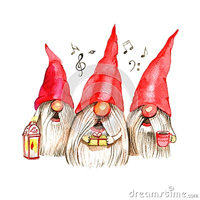 Watercolor Christmas illustration with trio singing dwarfs. Christmas cards. Winter design. Merry Christmas Cartoon Illustration