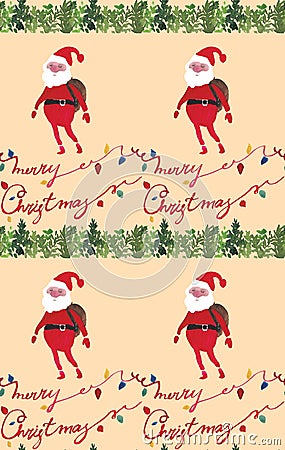 Watercolor Christmas illustrations seamless pattern with Santa Clause and Merry Christmas copy. Winter New Year theme. Cartoon Illustration
