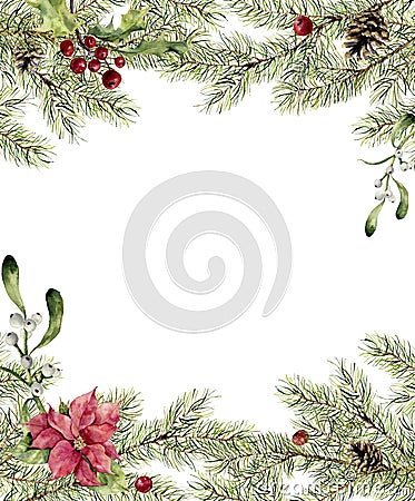 Watercolor christmas invitation. Fir branch with holly, mistletoe and poinsettia. New year tree border with decor for Stock Photo