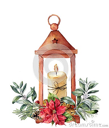 Watercolor Christmas lantern with candle and decor. Hand painted traditional lantern with christmas plant isolated on Stock Photo