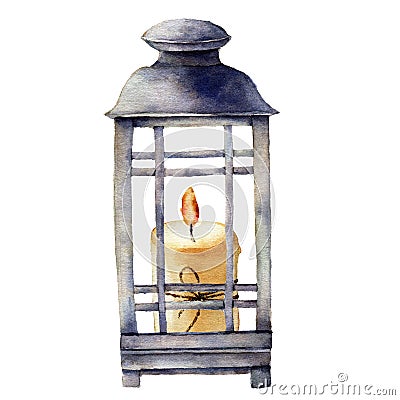 Watercolor Christmas lantern with candle. Hand painted holiday decor with bow isolated on white background. Christmas Stock Photo