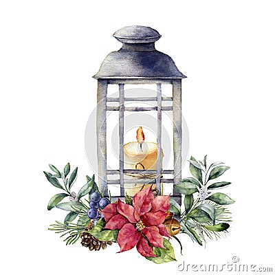 Watercolor Christmas lantern with candle and holiday decor. Hand painted floral composition with holly, mistletoe Stock Photo