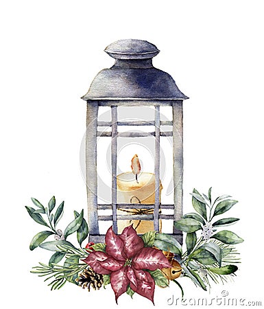 Watercolor Christmas lantern with candle and holiday decor. Hand painted traditional lantern with christmas plant Stock Photo