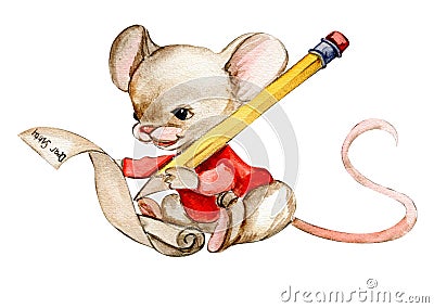 Watercolor Christmas mice in cartoon style. Watercolor Christmas hand drawn illustration for cards, backgrounds, scrapbooking and Cartoon Illustration