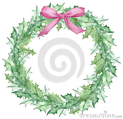 Watercolor Christmas mistletoe leaves wreath decorated with a pink bow. Hand-drawn New Year`s template. Stock Photo