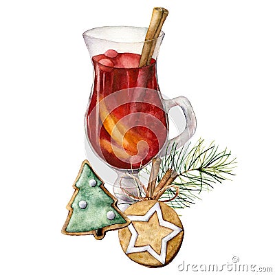 Watercolor Christmas mulled wine. Hand painted wine glass, cinnamon, gingerbread and fir branch isolated on white Cartoon Illustration