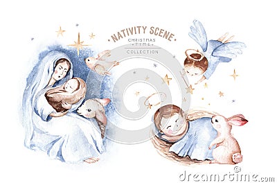 Watercolor christmas nativity scene. Christianity story with newborn jesus, mary, angel and lamb. Holy jolly christmas Stock Photo