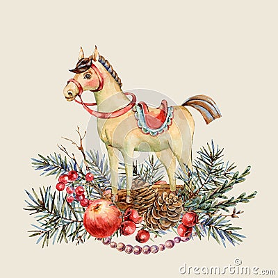 Watercolor Christmas natural greeting card of wooden horse, fir branches, red apple, berries, pine cones Cartoon Illustration