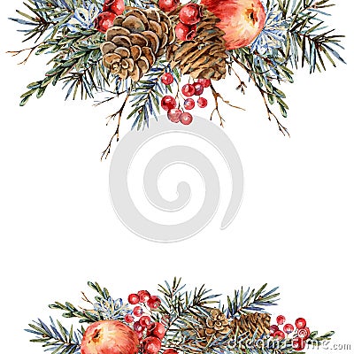 Watercolor Christmas natural template of fir branches, red apple, berries, pine cones, vintage botanical greeting card Stock Photo