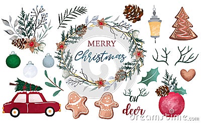 Watercolor Christmas object collection with pine cone,car,wreath,light.Vector illustration for icon,logo,sticker,printable Vector Illustration