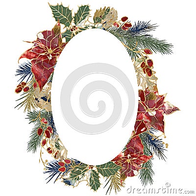 Watercolor Christmas oval frame of gold contour poinsettia, berries and branches. Hand painted holiday card of flowers Stock Photo