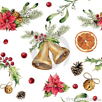 Watercolor christmas pattern with classic decor. New year tree ornament with bell, holly, mistletoe, poinsettia, orange Stock Photo