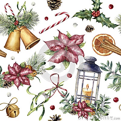 Watercolor Christmas pattern with traditional decor. Hand painted lantern, snowberry, bells, candle, mistletoe, cinnamon Stock Photo