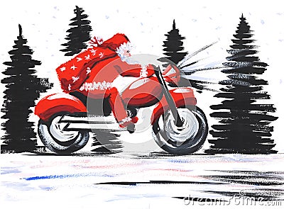 Watercolor Christmas postcard with classical Santa Clause in traditional costume riding red motorcycle against white snow Stock Photo