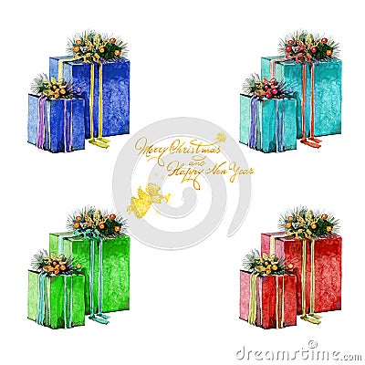 Watercolor Christmas presents in boxes and greeting inscription Stock Photo