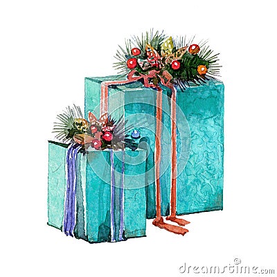 Watercolor Christmas presents in boxes Stock Photo