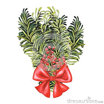 Watercolor Christmas red and green bouquet of Christmas fir branches, bow, holly for invitations, cards, stickers Stock Photo