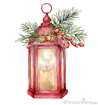 Watercolor Christmas red lantern with decor. Hand painted lamp, candle, fir branch, barberry, golden bells, fir cone and Stock Photo