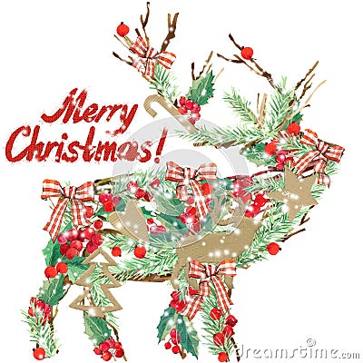 Watercolor Christmas reindeer. Wish Merry Christmas text. Cartoon Illustration