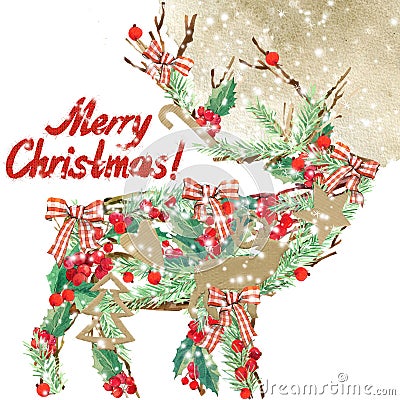 Watercolor Christmas reindeer. Wish Merry Christmas text. Cartoon Illustration