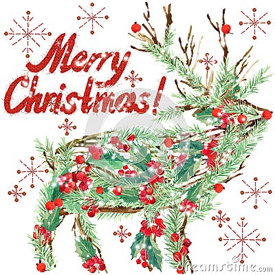 Watercolor Christmas reindeer. Wish Merry Christmas text. Cartoon Illustration