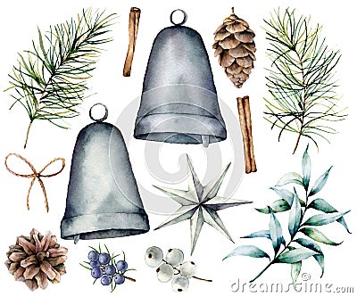 Watercolor Christmas scandinavian decor. Hand painted fir branches and cones, silver bells, star, juniper, snowberry Stock Photo