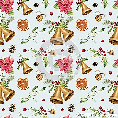 Watercolor christmas seamless pattern on blue background. New year tree ornament with bell, holly, mistletoe, poinsettia Stock Photo