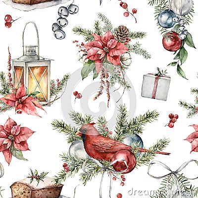 Watercolor Christmas seamless pattern with cardinal bird, lantern, poinsettia, cake and fir branches. Hand painted Cartoon Illustration