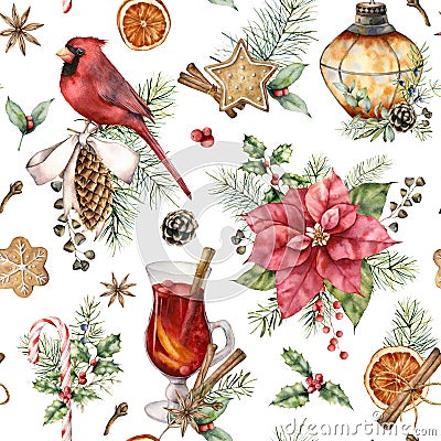 Watercolor Christmas seamless pattern with cardinal and poinsettia. Hand painted card with lantern and mulled wine Stock Photo