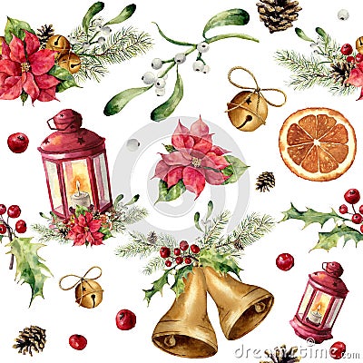 Watercolor christmas seamless pattern with decor and lantern. New year tree ornament with lantern, bell, holly Stock Photo