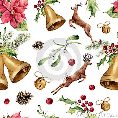 Watercolor christmas seamless pattern with deers and decor. New year tree ornament with deer, bell, holly, mistletoe Stock Photo