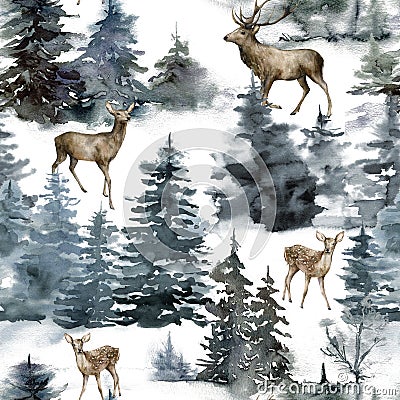 Watercolor Christmas seamless pattern with deers, forest and snow. Hand painted fir trees isolated on white background Cartoon Illustration