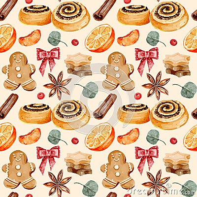Watercolor Christmas seamless pattern with holiday elements Vector Illustration