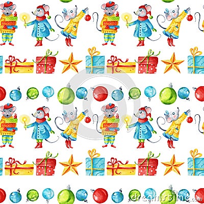 Watercolor Christmas seamless pattern with mice and presents on a white backdrop Stock Photo