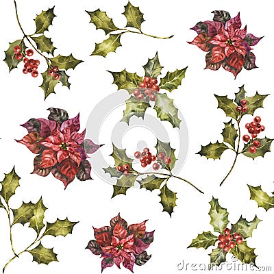 Watercolor Christmas seamless pattern with poinsettia, holly and mistletoe sprigs with berries. Hand painted holiday Stock Photo