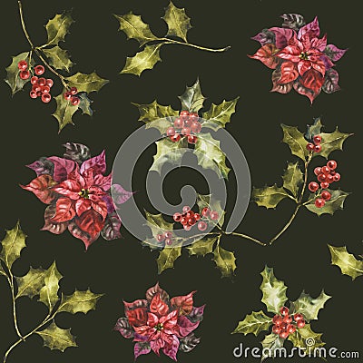 Watercolor Christmas seamless pattern with poinsettia, holly and mistletoe sprigs with berries. Hand painted holiday Stock Photo