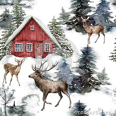 Watercolor Christmas seamless pattern with red house and deers in winter forest. Hand painted illustration with fir Cartoon Illustration