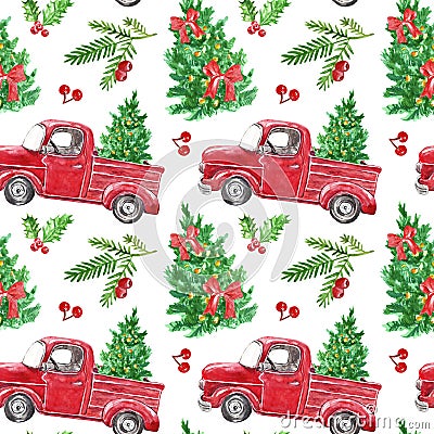 Watercolor Christmas seamless pattern with red truck, fir tree, holly berries, greenery branches on white background. Festive Stock Photo