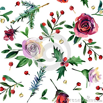 watercolor Christmas seamless pattern. rosa flower, holly, pine branch, berries watercolor illustration. Cartoon Illustration