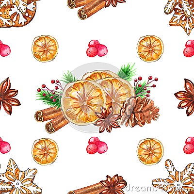 Watercolor Christmas seamless pattern with spices Cartoon Illustration