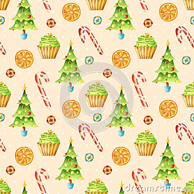 Watercolor Christmas seamless pattern with sweets and Xmas tree Stock Photo